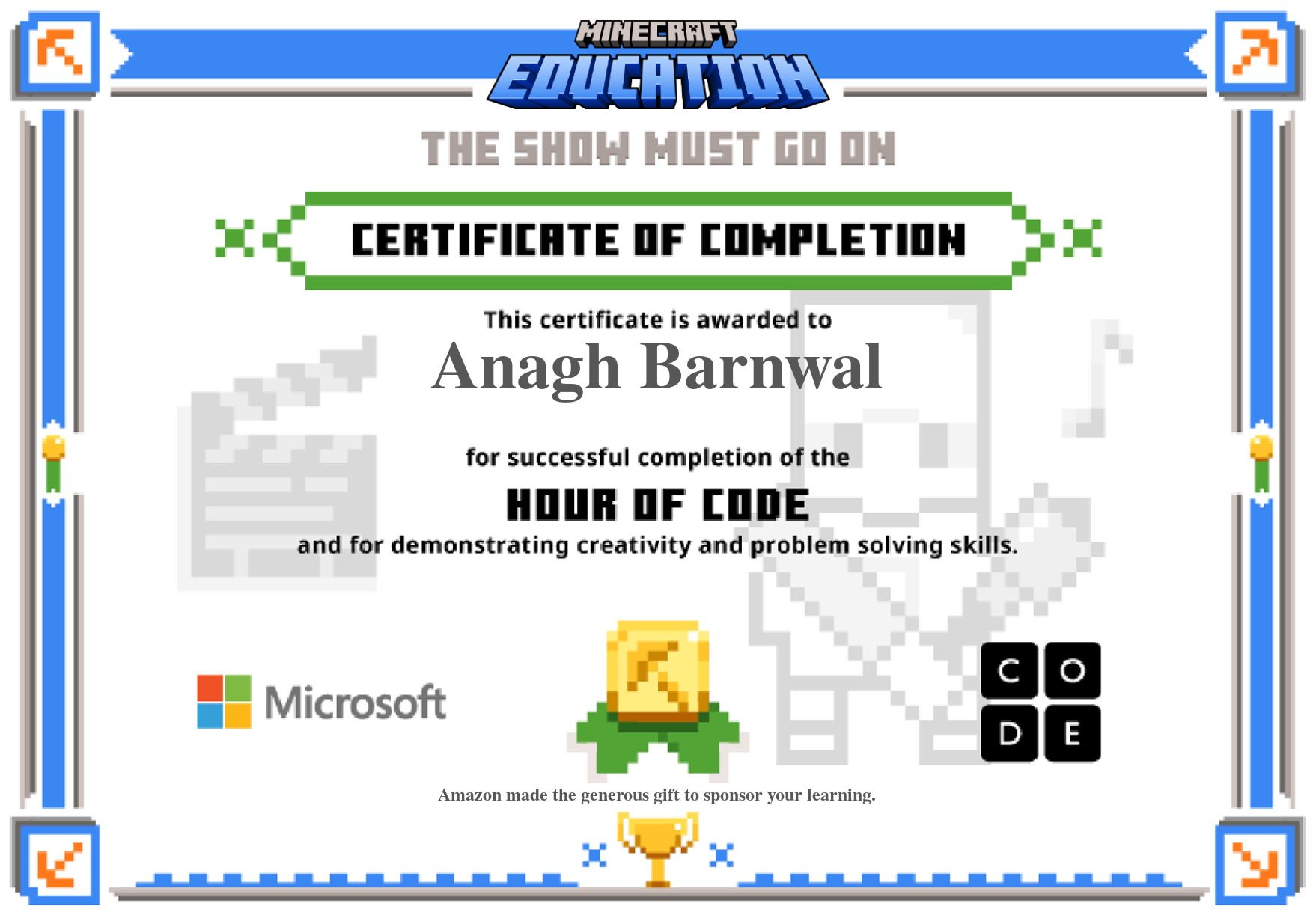 Minecraft Certificate Hour Of Code